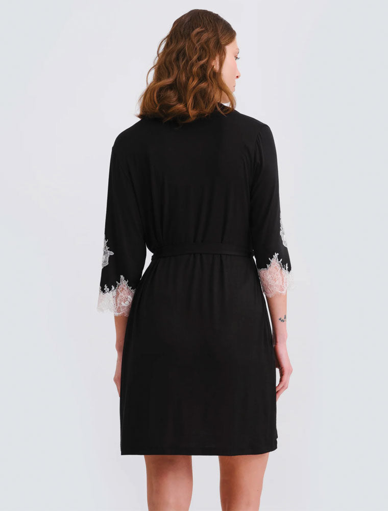 3/4 Sleeve Bamboo Robe with Lace Trim, Black