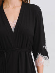 3/4 Sleeve Bamboo Robe with Lace Trim, Black