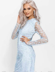 Embroidered Floral Beaded Lace Mini Dress, Light Blue