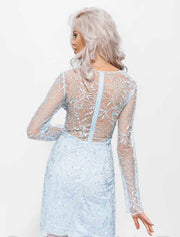 Embroidered Floral Beaded Lace Mini Dress, Light Blue