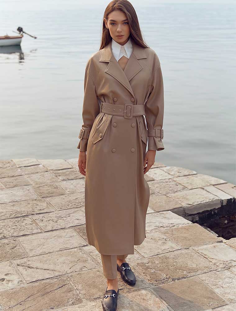Double Breasted Vegan Leather Trench Coat, Beige