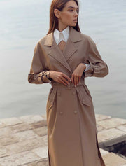 Double Breasted Vegan Leather Trench Coat, Beige
