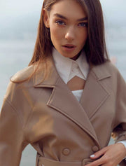 Double Breasted Vegan Leather Trench Coat, Beige