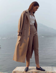 Double Breasted Vegan Leather Trench Coat, Beige