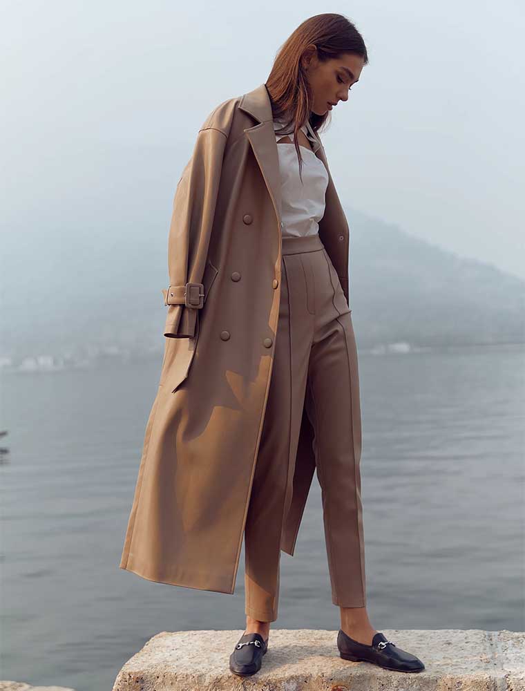 Double Breasted Vegan Leather Trench Coat, Beige
