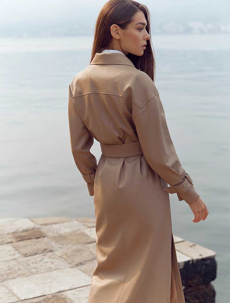 Double Breasted Vegan Leather Trench Coat, Beige