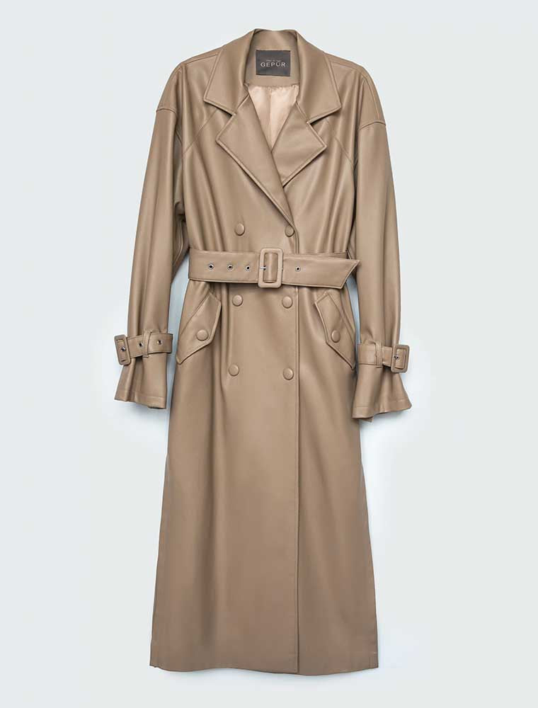 Double Breasted Vegan Leather Trench Coat, Beige