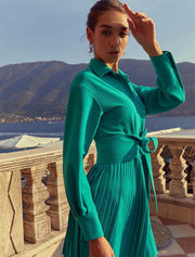 Pleated Hem Belted Dress, Sea-Foam Green