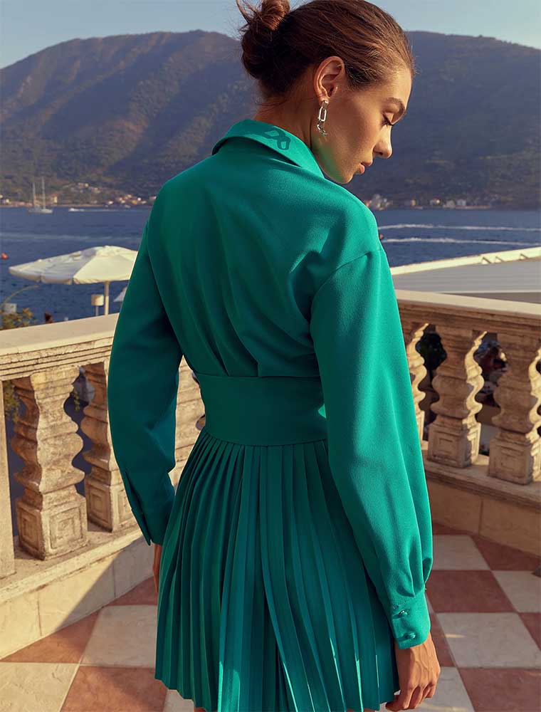 Pleated Hem Belted Dress, Sea-Foam Green