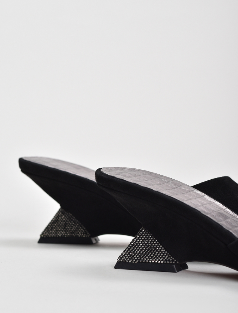 Crystal Sculpted Wedge Mules, Black