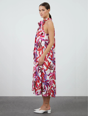 Patterned Dress with Neck Tie Detail, Fuchsia