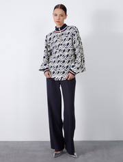 High Neck Printed Loose Top, Navy
