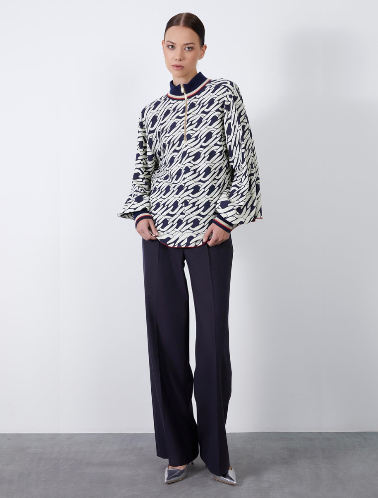 High Neck Printed Loose Top, Navy