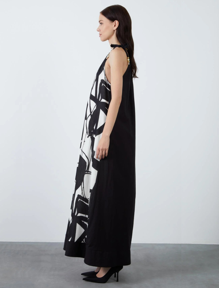 Halter Abstract Print Long Dress, Black & White