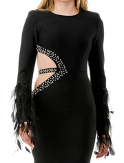 Feathered Sleeve with Side Cut-out Evening Dress, Black