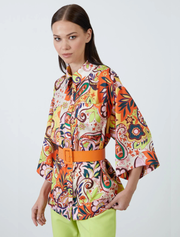 3/4 Sleeve Belted Patterned Blouse, Orange