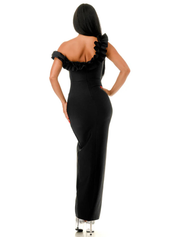 Front Ruffle Bandage Maxi Dress, Black