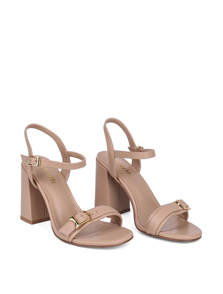 Round Toe with Gold Buckle Sandals, Light Taupe