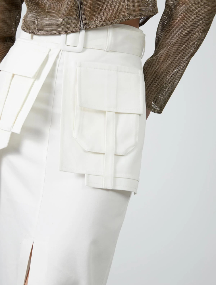Front Slit Skirt with Patch Pockets, Off-White