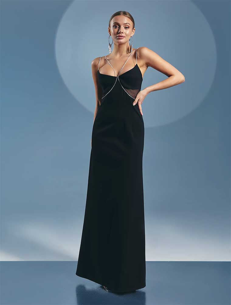 Crystal Strap Maxi Evening Dress
