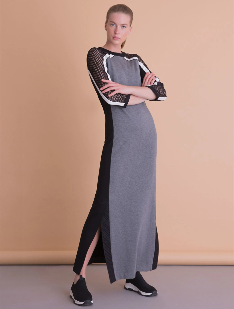 Mesh Stripe Detaile Long Sports Dress, Grey