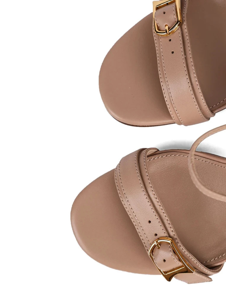 Round Toe with Gold Buckle Sandals, Light Taupe