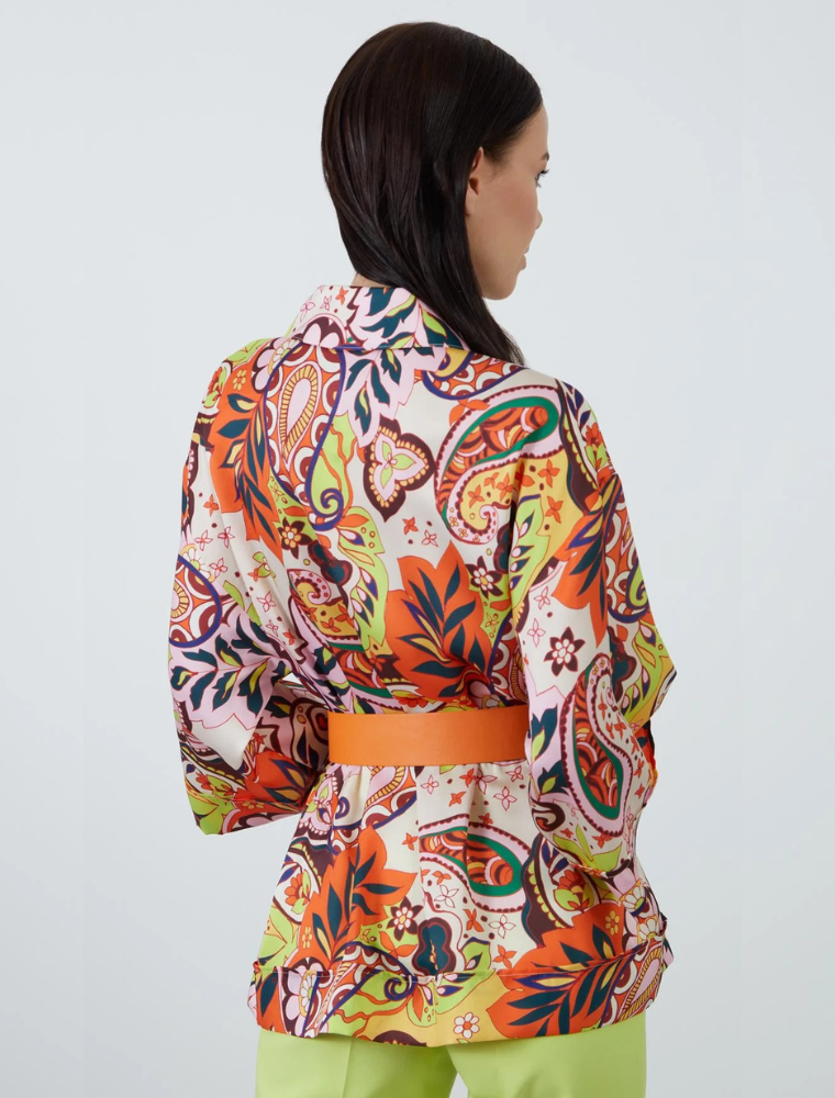 3/4 Sleeve Belted Patterned Blouse, Orange