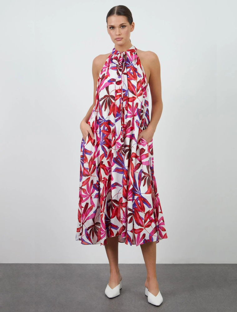 Patterned Dress with Neck Tie Detail, Fuchsia
