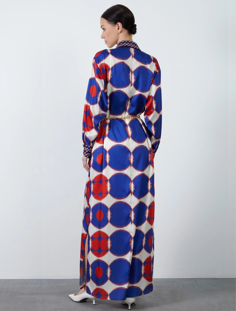 Buttondown Long Dress with Chain Belt, Multicolor