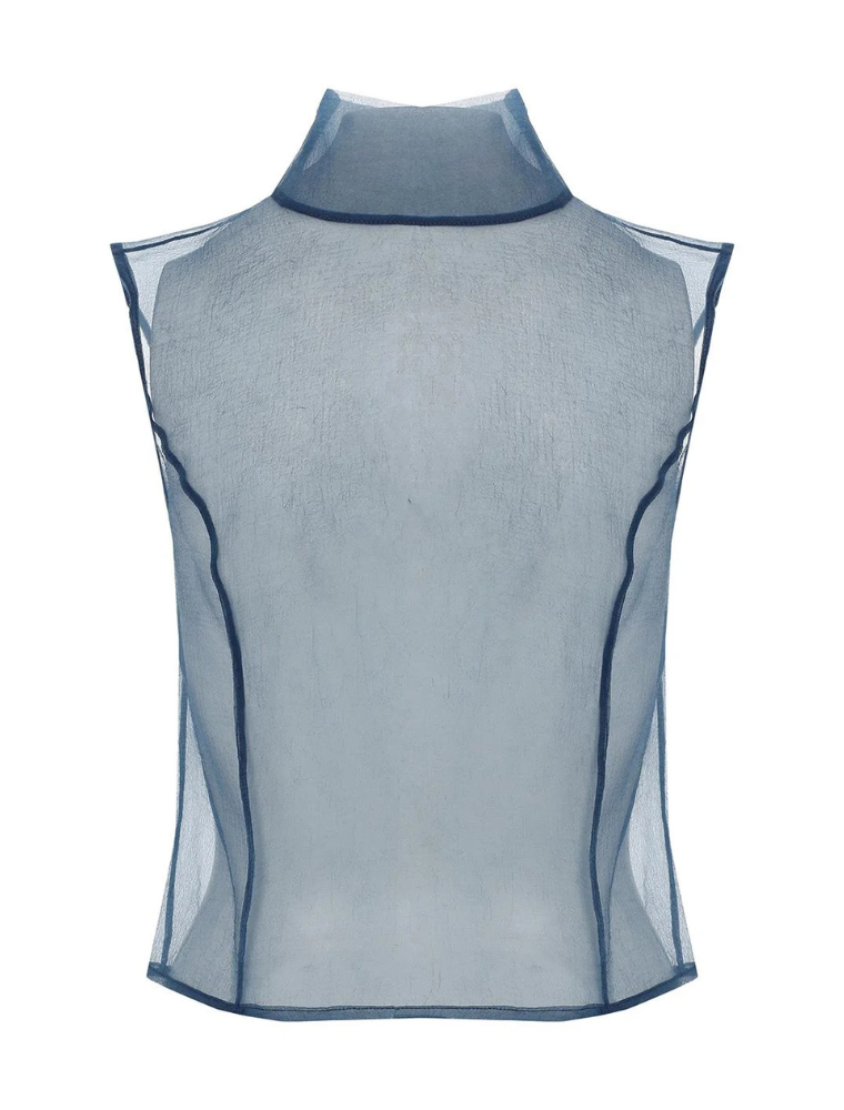 High Neck Transparent Organza Blouse, Navy