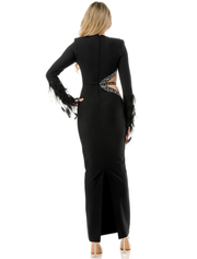 Feathered Sleeve with Side Cut-out Evening Dress, Black