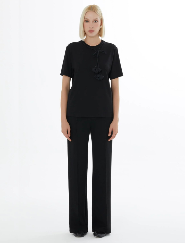 Knitted Blouse with Chest Accessory, Black