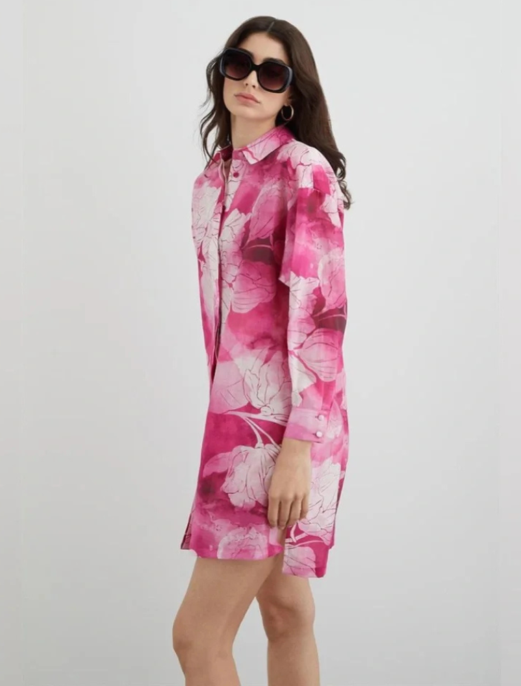 Floral Print Buttondown Tunic-Dress, Pink