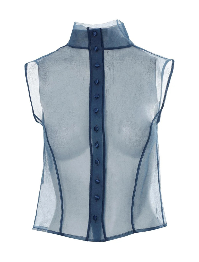 High Neck Transparent Organza Blouse, Navy