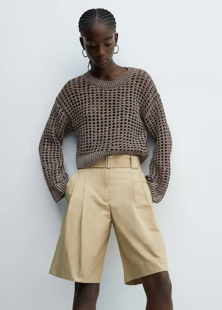 Round Neck Openwork Sweater, Ash Brown