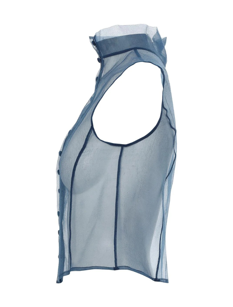 High Neck Transparent Organza Blouse, Navy