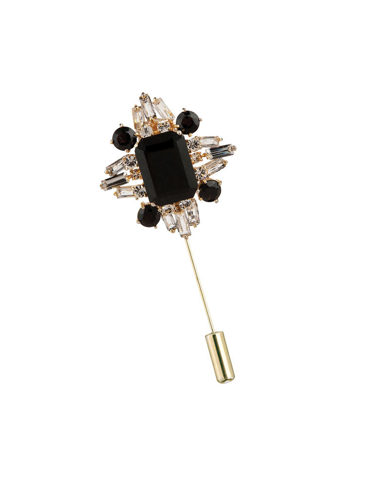 Aldrich Lapel Pin, Black Onyx & Clear Quartz, 14K Gold Plated