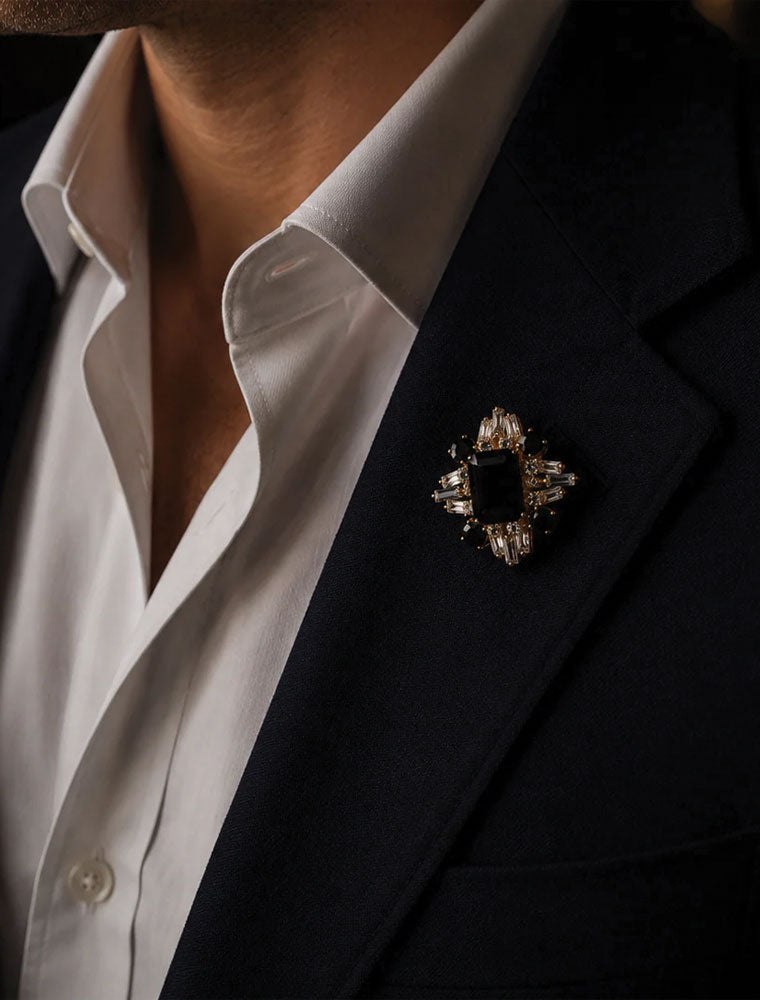 Aldrich Lapel Pin, Black Onyx & Clear Quartz, 14K Gold Plated