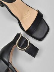 Ankle Wrap Sandals with Gold Buckle, Black