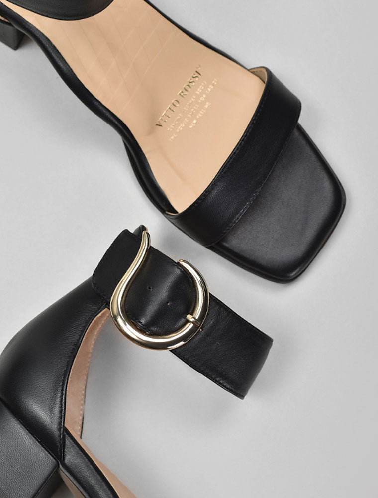 Ankle Wrap Sandals with Gold Buckle, Black