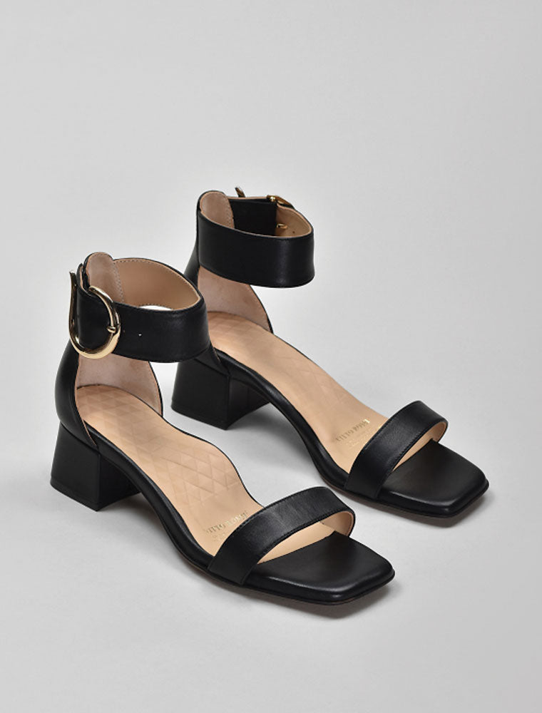 Ankle Wrap Sandals with Gold Buckle, Black