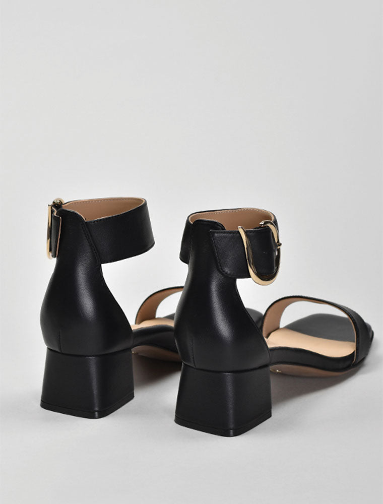Ankle Wrap Sandals with Gold Buckle, Black