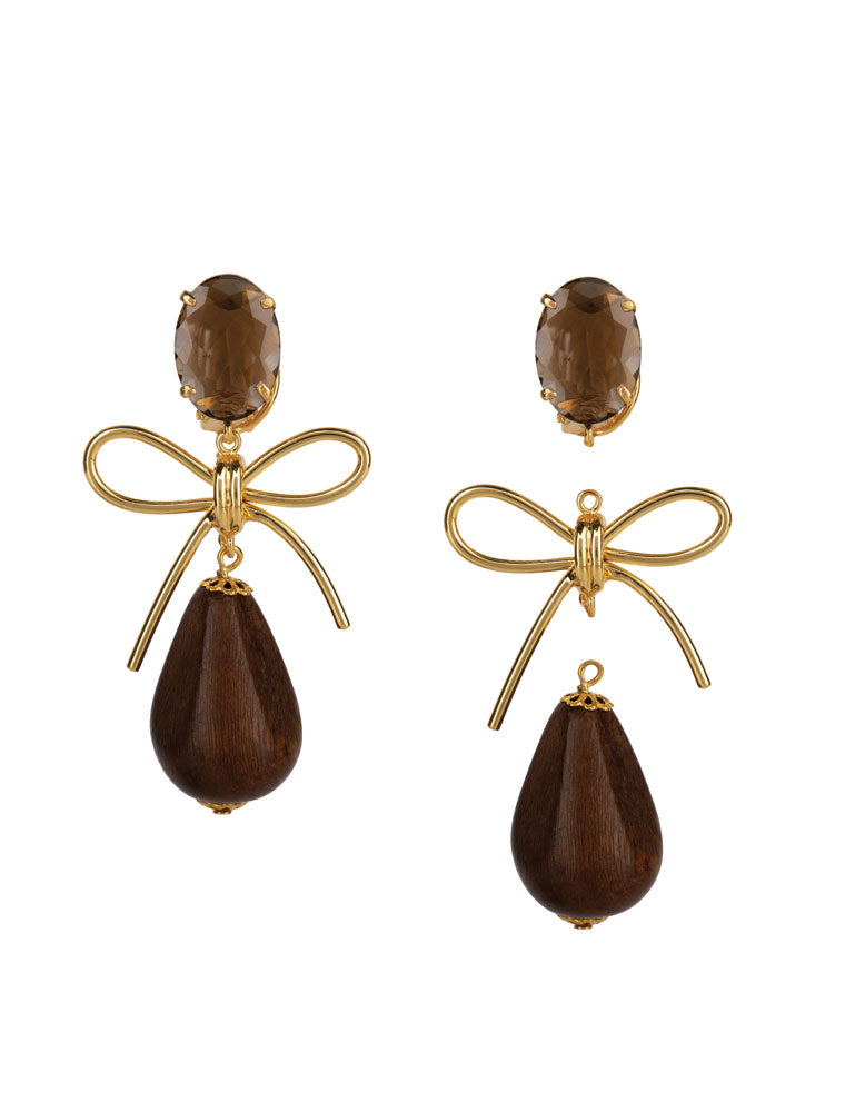 Aspen Earrings, Wood & Smoky Quartz, 14K Gold Plated
