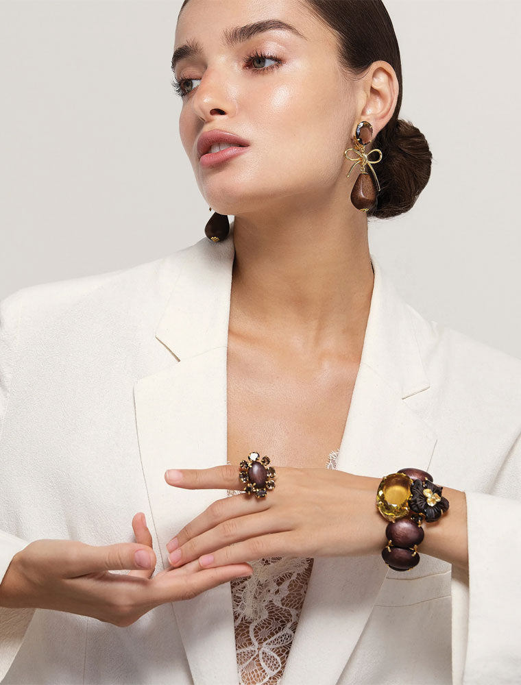 Aspen Earrings, Wood & Smoky Quartz, 14K Gold Plated