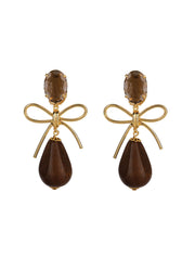 Aspen Earrings, Wood & Smoky Quartz, 14K Gold Plated