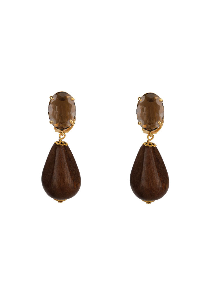 Aspen Earrings, Wood & Smoky Quartz, 14K Gold Plated
