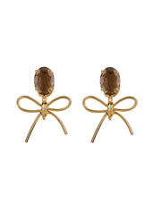 Aspen Earrings, Wood & Smoky Quartz, 14K Gold Plated