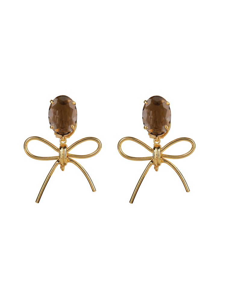 Aspen Earrings, Wood & Smoky Quartz, 14K Gold Plated