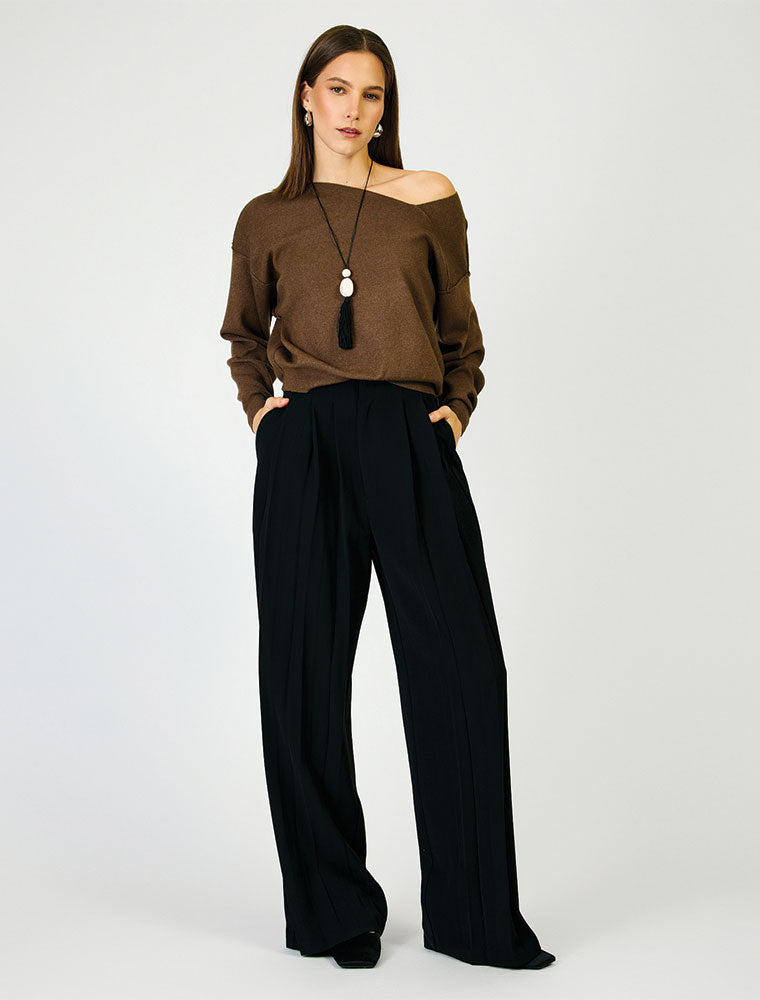 Assymetrical V Neck Sweater, Brown