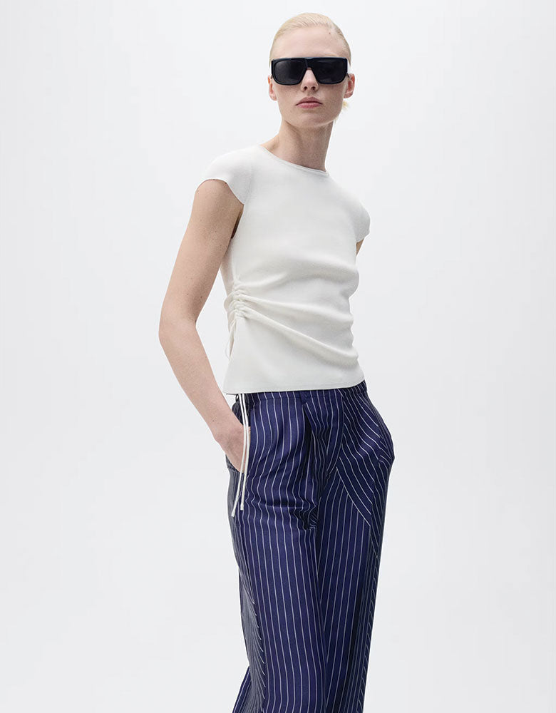 Asymmetrically Striped Satin Pants, Navy